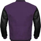 Purple varsity jacket with black leather sleeves on a white background