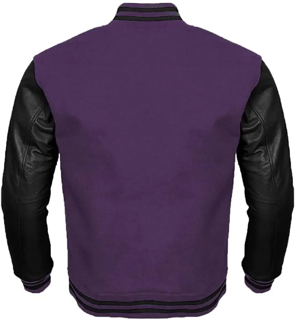 Purple varsity jacket with black leather sleeves on a white background