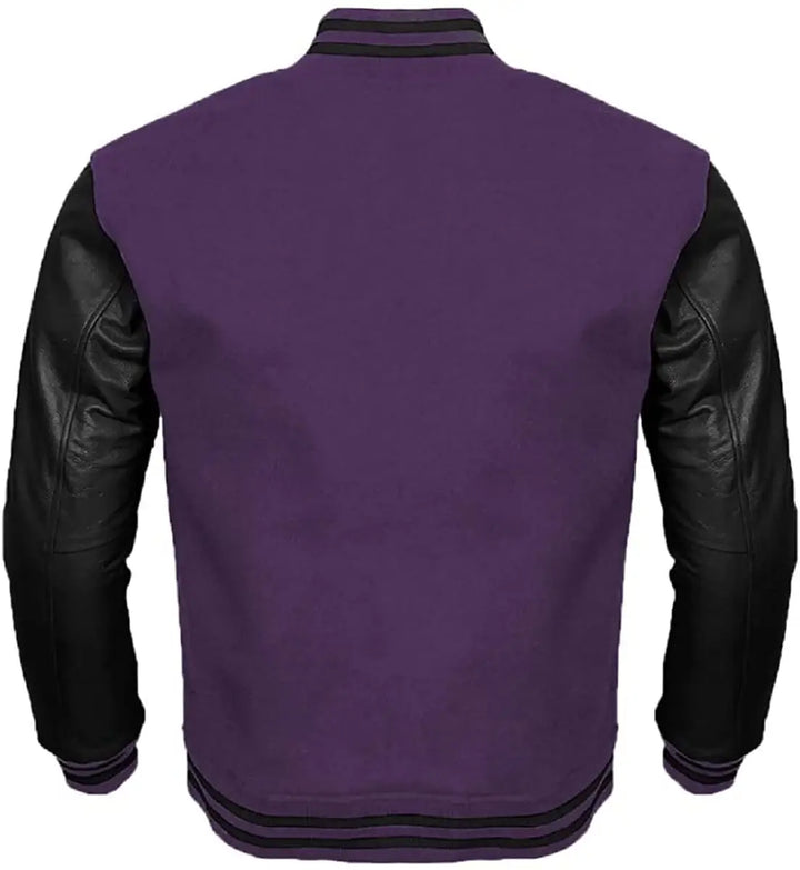 Purple varsity jacket with black leather sleeves on a white background