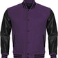 Purple varsity jacket with black leather sleeves on a white background
