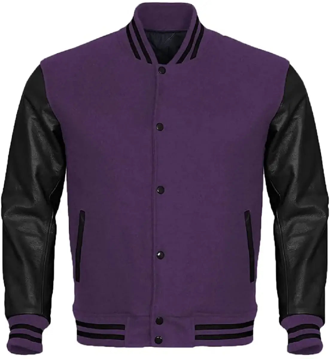 Purple varsity jacket with black leather sleeves on a white background