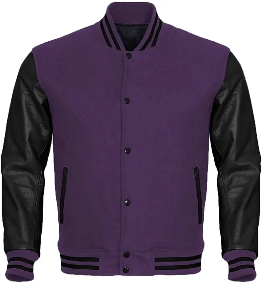 Purple varsity jacket with black leather sleeves on a white background