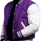 Purple and white varsity jacket on a white background