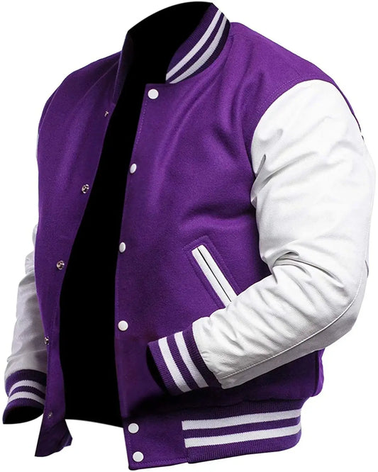 Purple and white varsity jacket on a white background