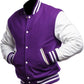 Purple and white varsity jacket on a white background