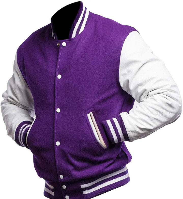 Purple and white varsity jacket on a white background