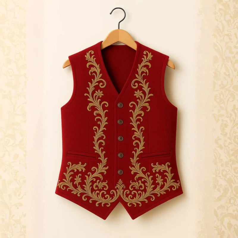 Front view of Red & Vest with Golden Embroidery, a charming festive layer.