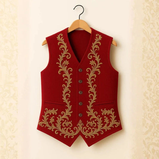 Front view of Red & Vest with Golden Embroidery, a charming festive layer.