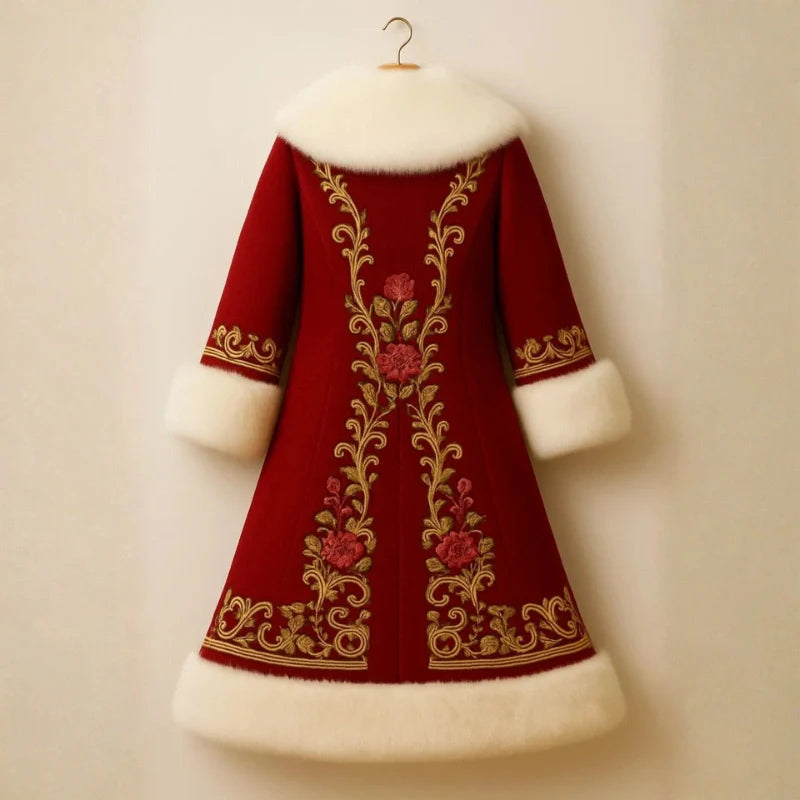 Back view of Red Wool Coat with Golden Embroidery, a stunning holiday overcoat.