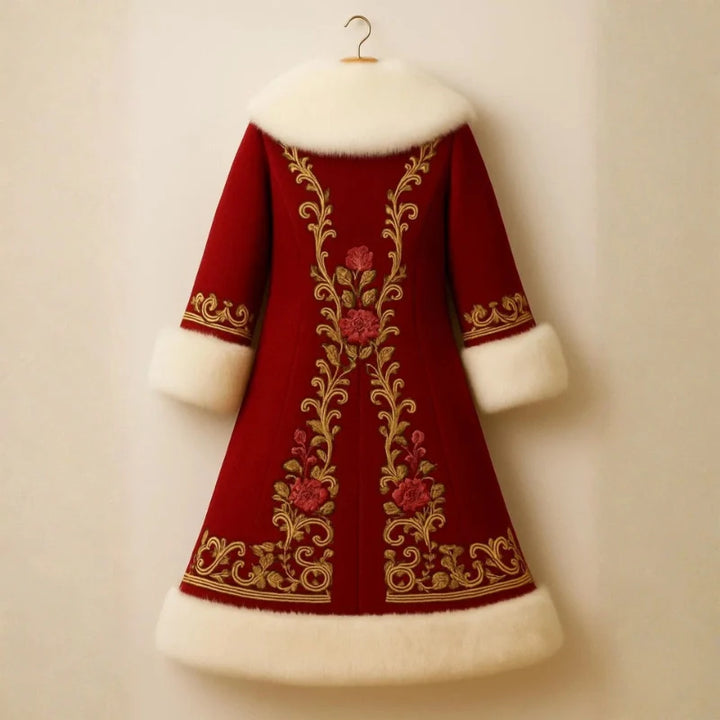 Back view of Red Wool Coat with Golden Embroidery, a stunning holiday overcoat.