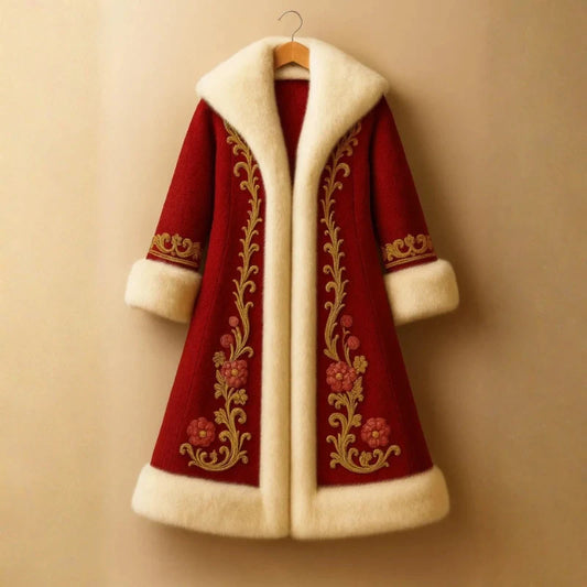 Full view of Red Red Wool Coat with Golden Embroidery, a dazzling festive look.