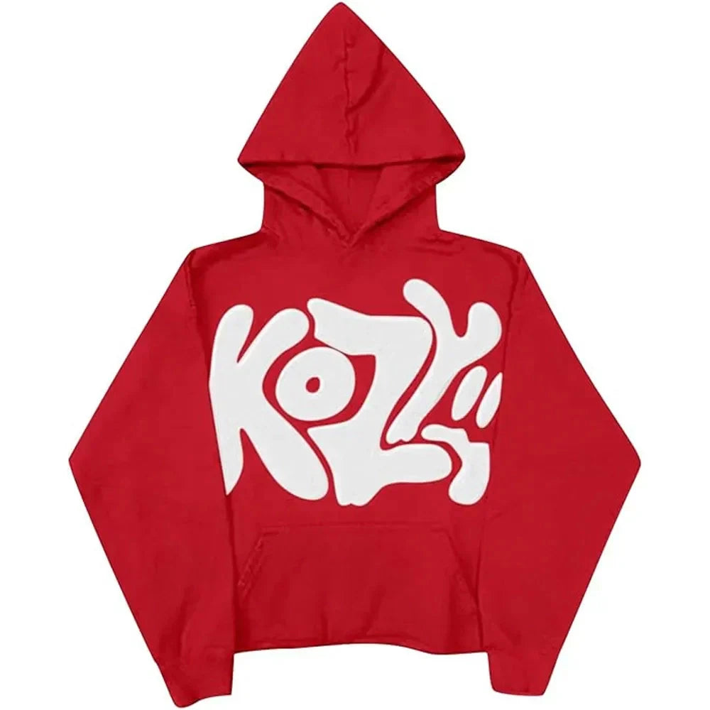 Front view of Red red_y2k_kozy_hoodie_front_ with large KOZY text graphic.