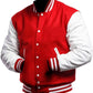 Red and white varsity jacket on a white background