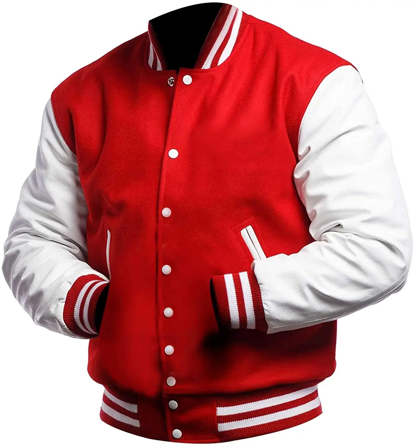 Red and white varsity jacket on a white background