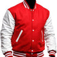 Red and white varsity jacket on a white background