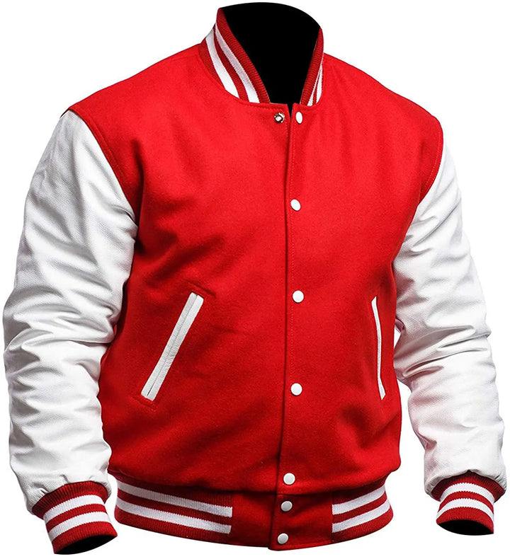 Red and white varsity jacket on a white background