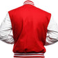 Red varsity jacket with white sleeves on a white background