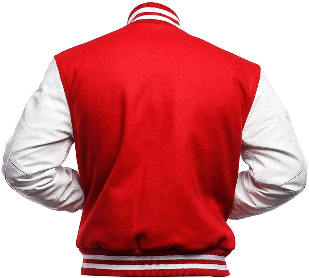 Red varsity jacket with white sleeves on a white background