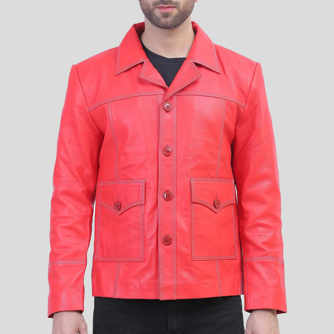 Red leather jacket worn by a person on a gray background