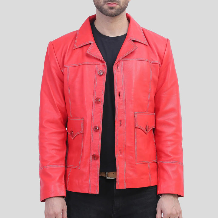Red leather jacket worn by a person on a gray background