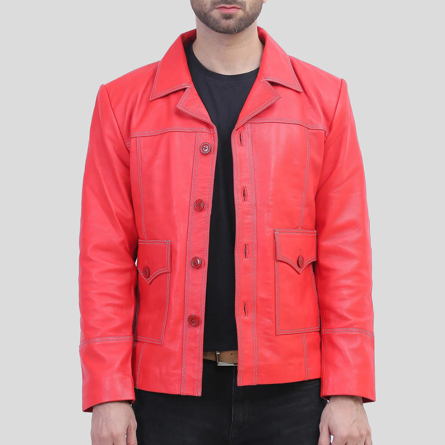 Red leather jacket worn by a person on a gray background