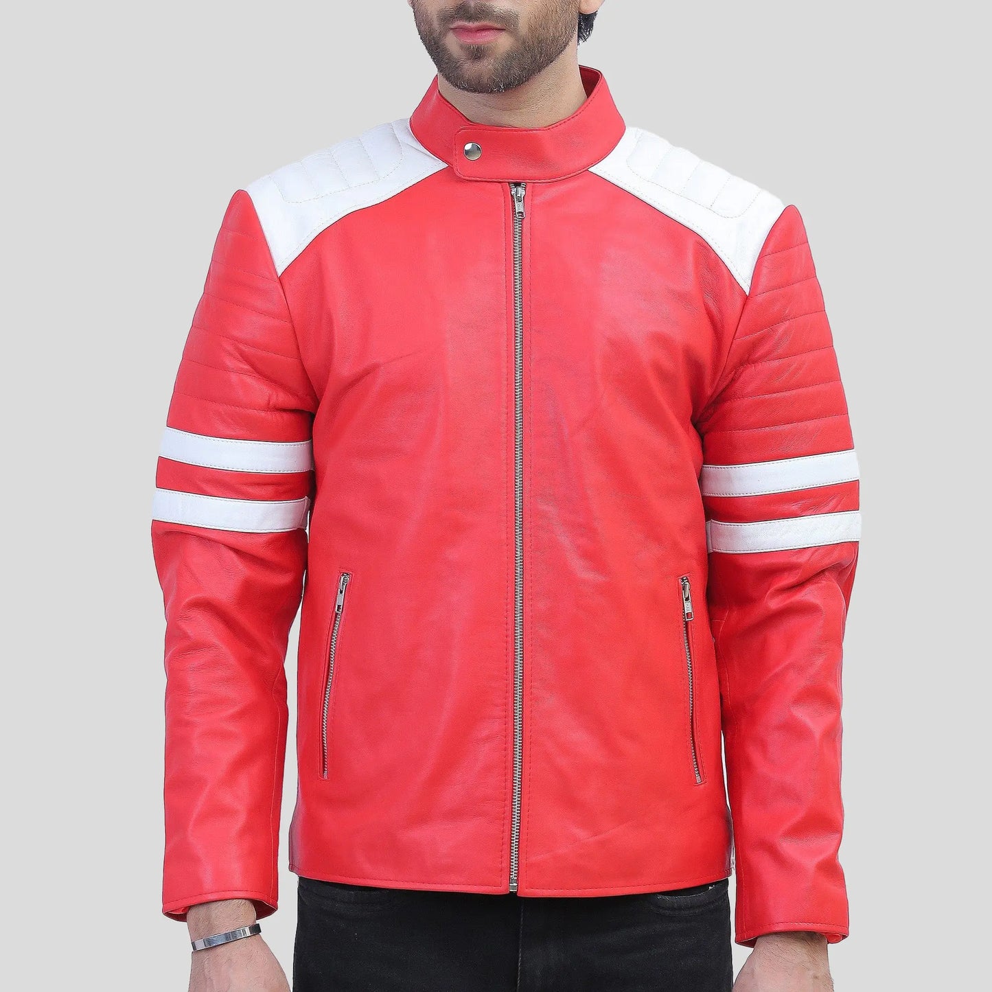 Red Leather Motorcycle Jacket with White Stripes