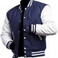 Navy blue and white varsity jacket on a white background