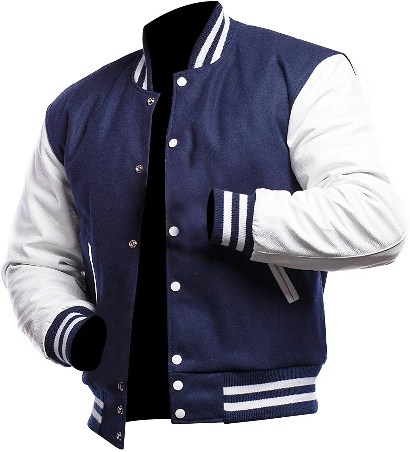 Navy blue and white varsity jacket on a white background