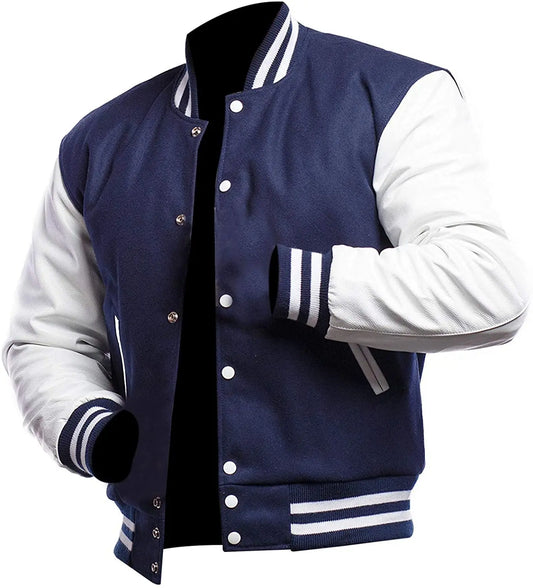 Navy blue and white varsity jacket on a white background
