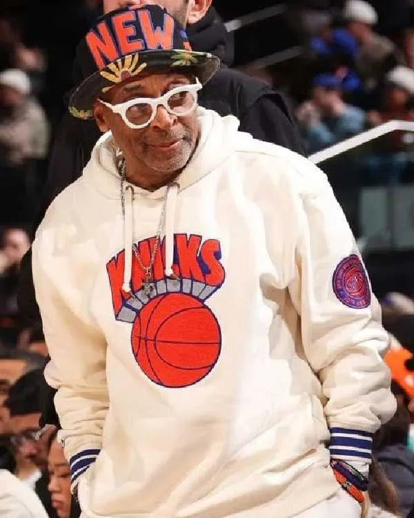 Front view of spike_lee_knicks_white_hoodie