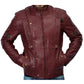Maroon leather jacket with gold buttons on a white background