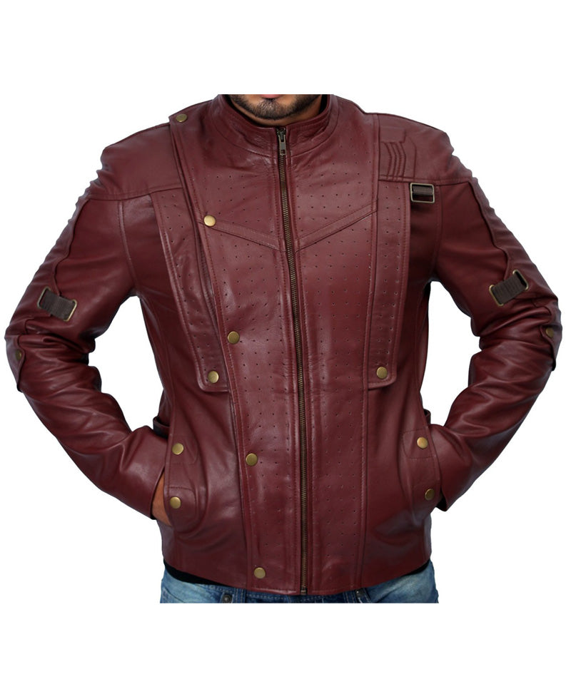 Maroon leather jacket with gold buttons on a white background
