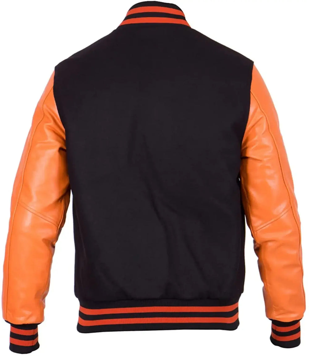 Black and orange varsity jacket with leather sleeves on a white background