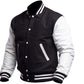 Black and white varsity jacket on a white background