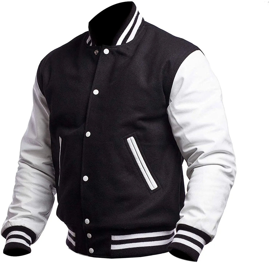 Black and white varsity jacket on a white background