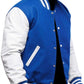 Blue and white varsity jacket on a white background