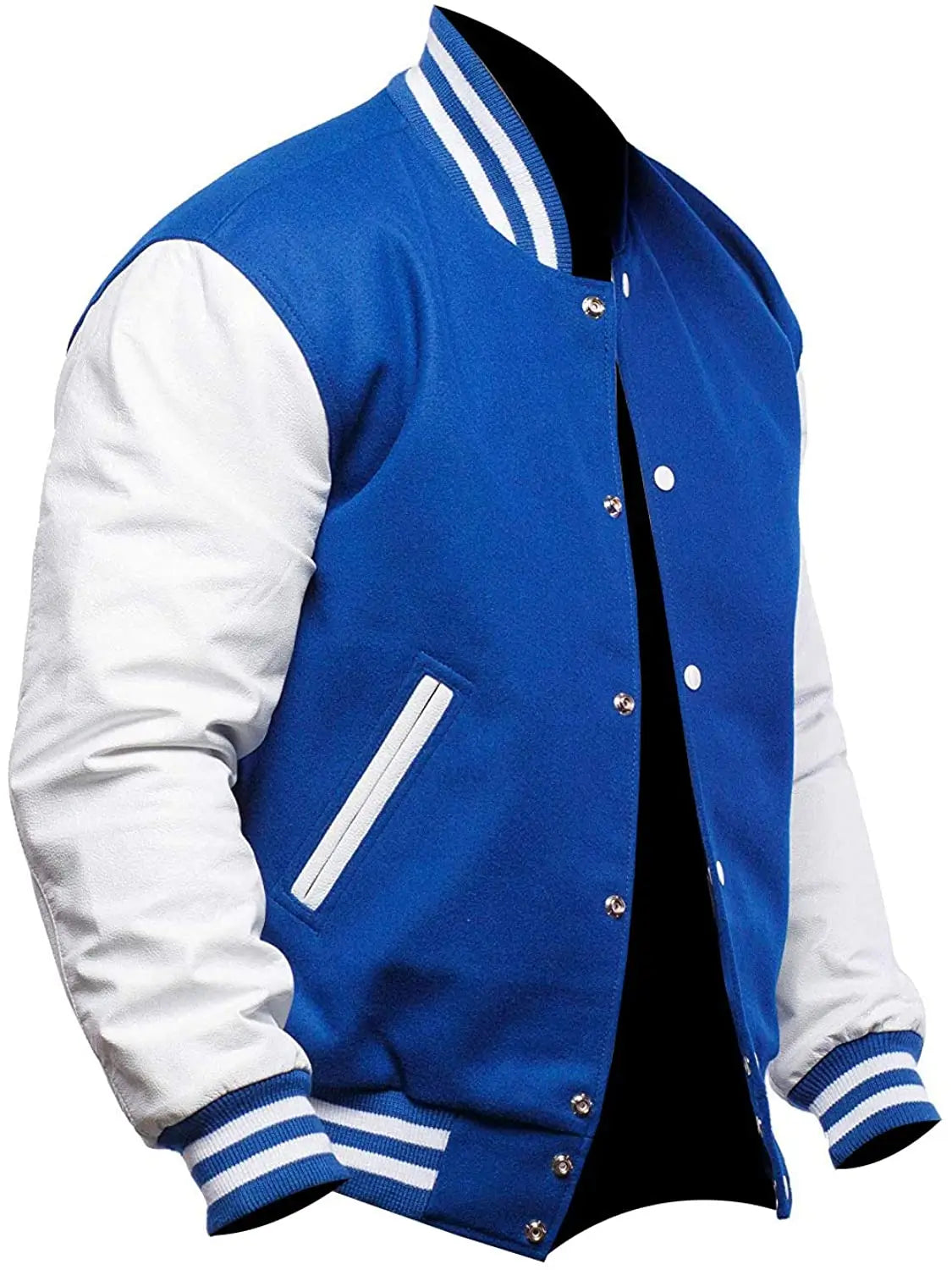 Blue and white varsity jacket on a white background