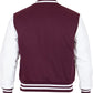 Maroon and white varsity jacket on a white background