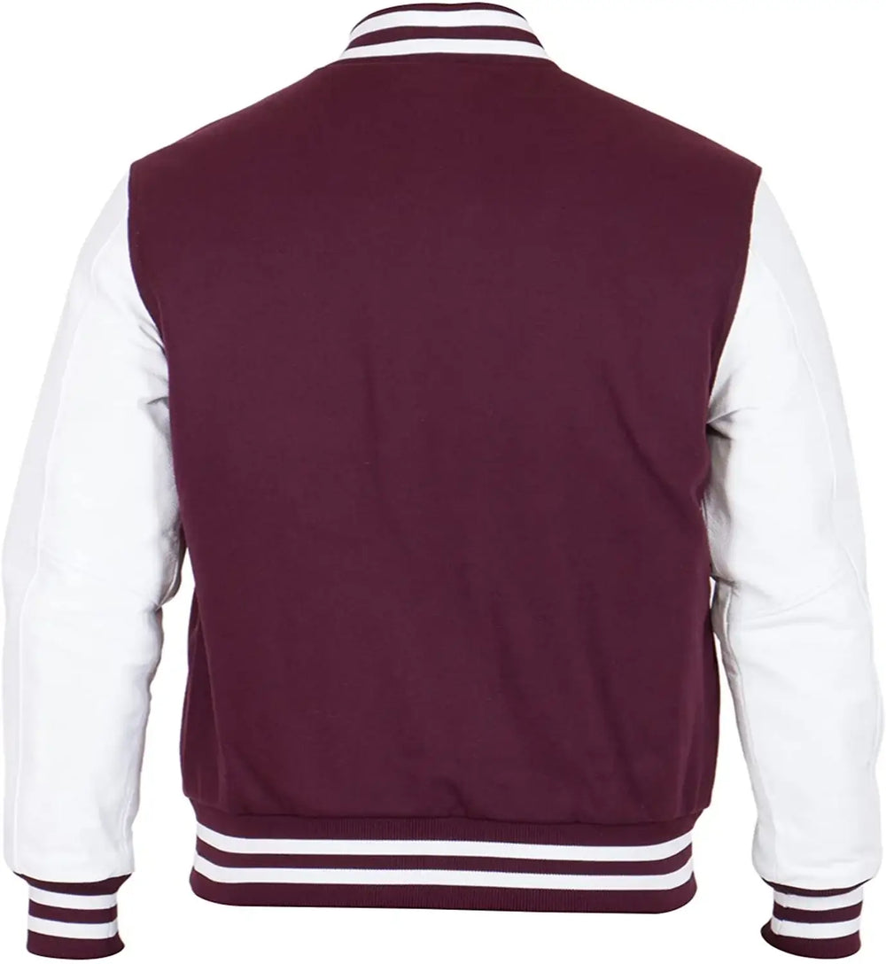 Maroon and white varsity jacket on a white background