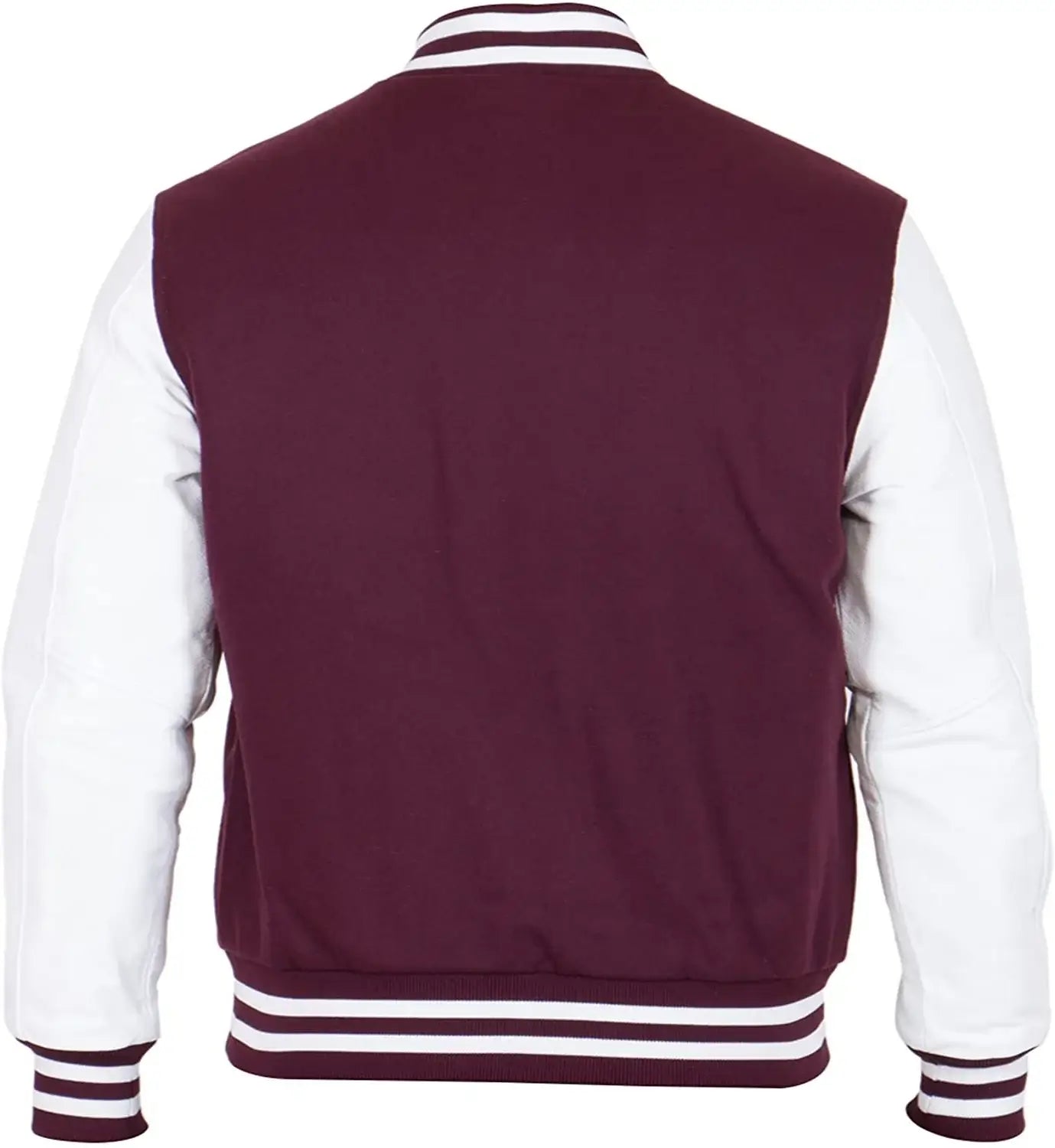 Maroon and white varsity jacket on a white background