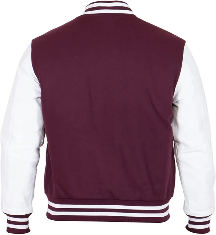 Maroon and white varsity jacket on a white background