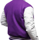 Purple varsity jacket with white sleeves on a white background