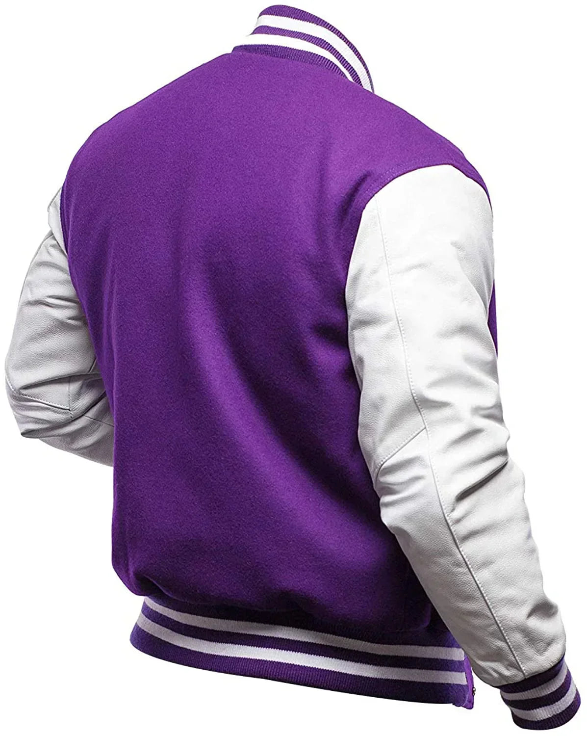 Purple varsity jacket with white sleeves on a white background