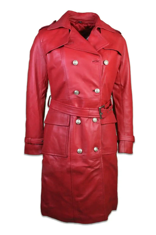 Full front view of Red Women’s Red Leather Coat