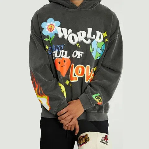 Front view of Charcoal World Full of Love Hoodie