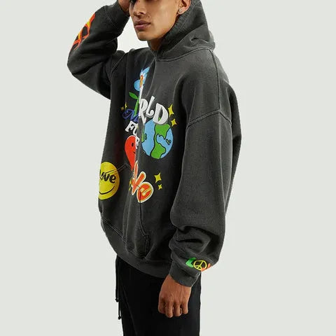 Side view of Charcoal World Full of Love Hoodie