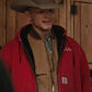 Close-up worn view of Red Yellowstone Season 4 Jimmy Hurdstrom 6666 Red Hoodie