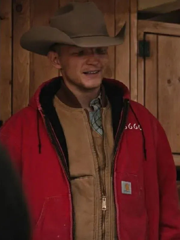 Close-up worn view of Red Yellowstone Season 4 Jimmy Hurdstrom 6666 Red Hoodie