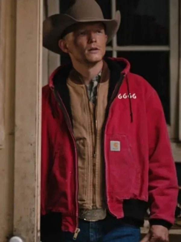 Worn view of Red Yellowstone Season 4 Jimmy Hurdstrom 6666 Red Hoodie in scene.